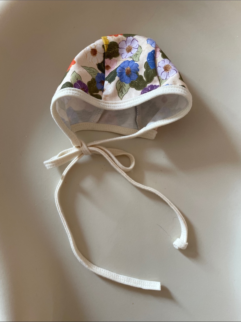 Floral Cotton Baby Bonnet - Cream with Multicolor Flowers